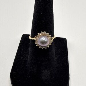 Natural Pearl & Diamond Halo 10K Yellow Gold Ring 2.5g